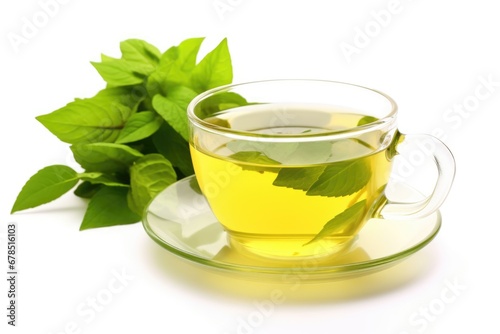 Fresh green tea with tea leaves in the water. AI Generated