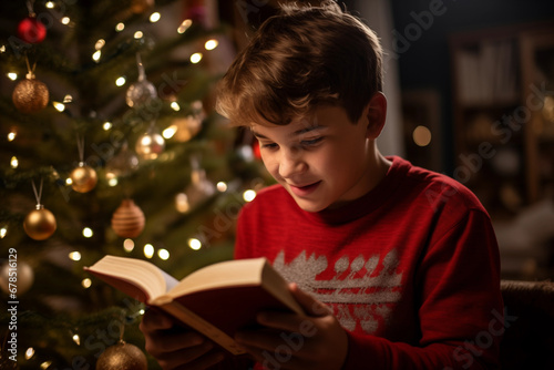 Boy and Gilrl reading in Christmas, boy and gilrl in Christmas, Peachful Christmas, boy and gilrl in open a present on Christmas, Family in Christmas, photo