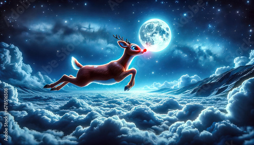 in mid-leap against a breathtaking midnight blue sky, lit by a full moon and scattered stars. Generative Ai.