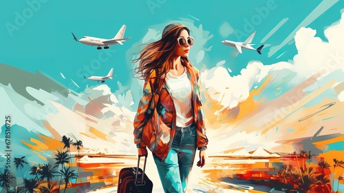Young woman travel with backpack, planes, travel itinerary, vacation planning, modern art collage, contemporary design, bright bold colors