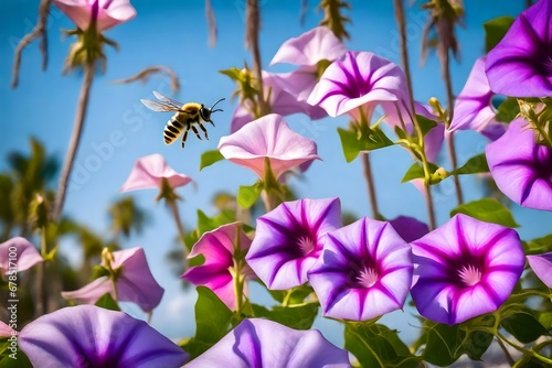 Naples, Florida in gulf of Mexico coast sunny day in summer with colorful purple pink Ipomoea pes-caprae bayhops beach morning glory flower macro closeup with bee flying   photo
