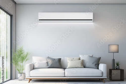 Close up of air conditioner on the wall in background of modern and luxury interior house. Building concept of living room and equipment.