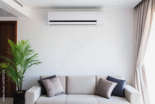 Close up of air conditioner on the wall in background of modern and luxury interior house. Building concept of living room and equipment. photo