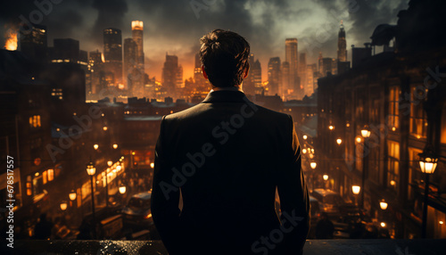 Confident businessman standing on rooftop  overlooking city at night generated by AI