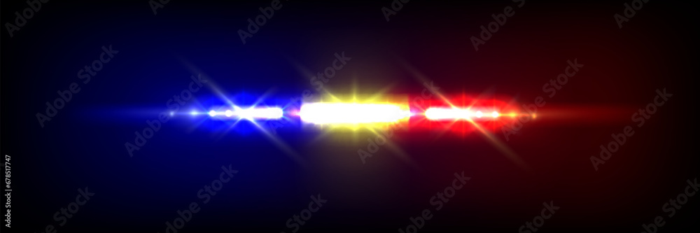 Police siren light bar on black background. Vector realistic illustration of red, blue, yellow flashing led lamps on emergency vehicle, patrol car headlight flaring effect at night, security guard - obrazy, fototapety, plakaty 