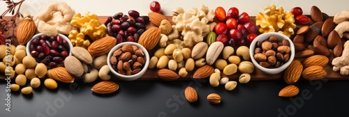 Above Assorted Nuts Sweet Raisins Forming , Banner Image For Website, Background abstract , Desktop Wallpaper