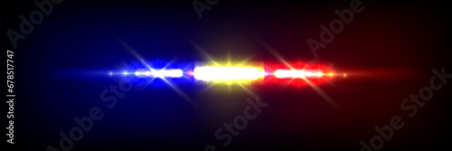 Police siren light bar on black background. Vector realistic illustration of red, blue, yellow flashing led lamps on emergency vehicle, patrol car headlight flaring effect at night, security guard photo