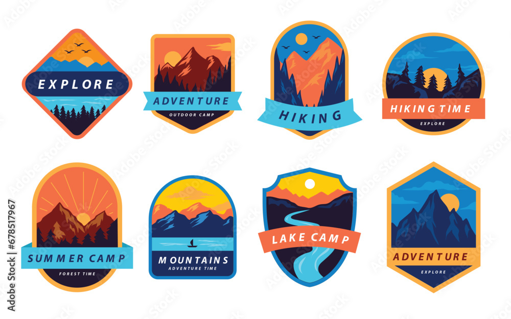 Set of Adventure badge, mountain travel emblems, Camping outdoor adventure emblems, badges and logo patches. Mountain tourism, hiking. Forest camp labels in vintage style