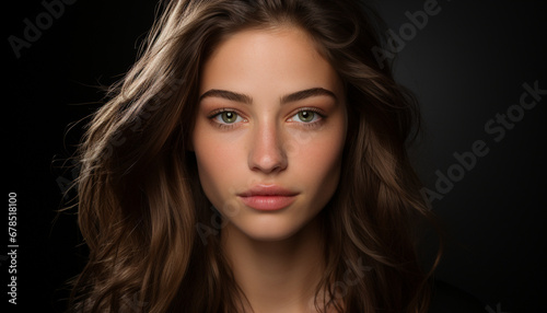 Beautiful woman with long brown hair looking at camera sensually generated by AI © Stockgiu