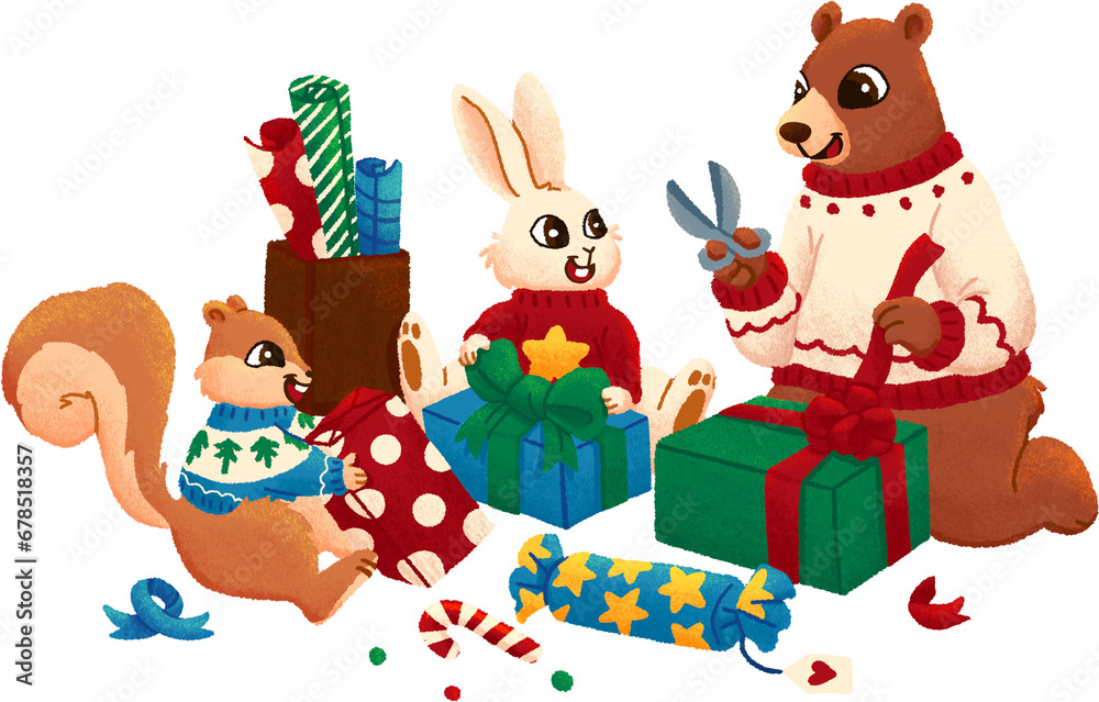 Fototapeta premium Animals Wrapping Christmas Presents Illustration