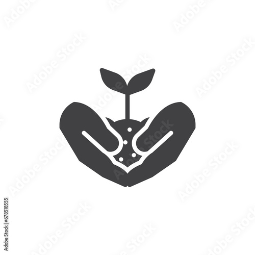 Hands holding soil with plant vector icon