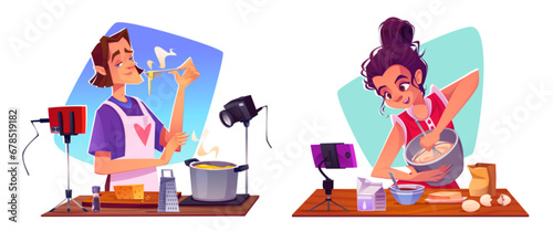 Male and female food bloggers cooking on camera isolated on white background. Vector cartoon illustration of young man and woman streaming kitchen video online, ingredients on table, vlog content