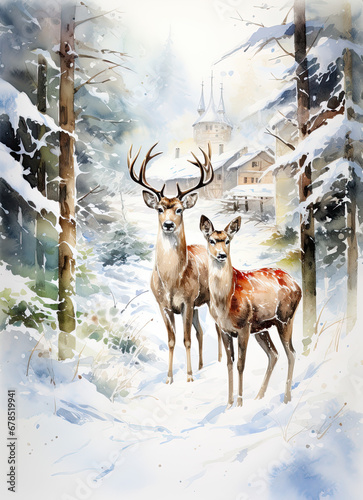 Reindeers. Watercolour winter planner pages A4 size, digital papers, winter designs.