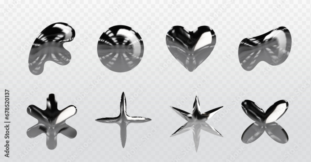Fototapeta premium Set of y2k chrome elements isolated on transparent background. Vector realistic illustration of liquid metal star, flower, cross, heart, round icons, abstract shape glossy bubbles with shiny surface
