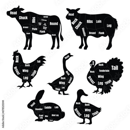 Set of Butcher Meat Cuts Collection, Chicken, Goat, Lamb, Rabbit, Duck, Chicken, Turkey, Goose meat cuts Silhouette. Butchery Cattle Bbq, Vintage Posters for groceries, butcher shop, meat store