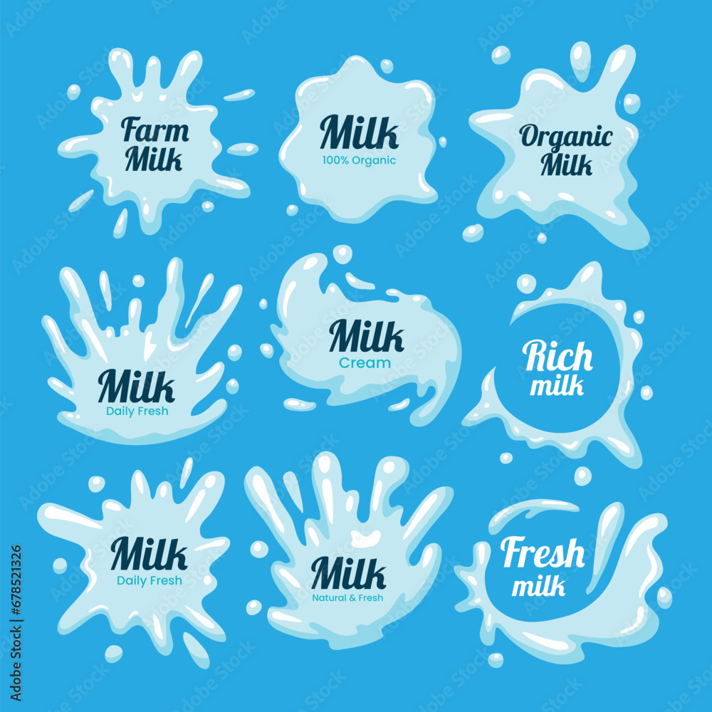 Set of Cow milk splashes with letters, Milk Label Collection, Yogurt and Cream Milk Splash drops, Dairy and milk products labels, emblems and logos, health food drink store.
