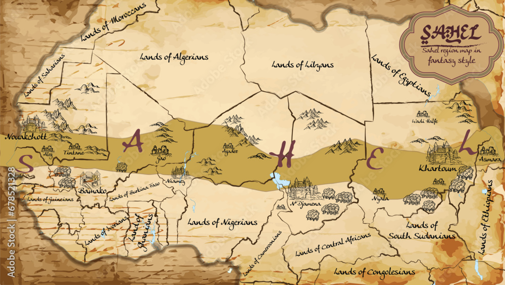 Map of Sahel region in the old style, brown graphics in retro fantasy style