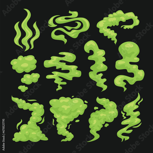 Set of Green Smelling Smoke Collection, smoke and toxic steam set, stench or stink, fume trails, disgusting stinky breathing, fart, spoiled rotten food odor, toxic poison, vector illustration
