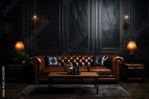 Interior of a luxury dark room with leather sofa and table, in the style of vintage retro © Black Pig