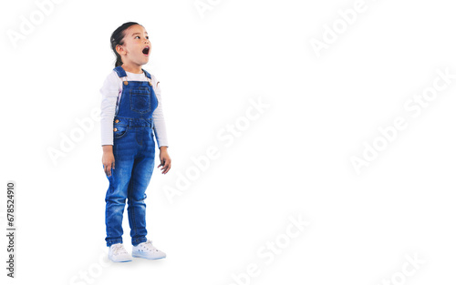 Wow, surprise and girl child with news, shock or announcement on isolated, transparent or png background. Omg, face and kid model with emoji for unexpected deal, sale or prize giveaway promotion photo