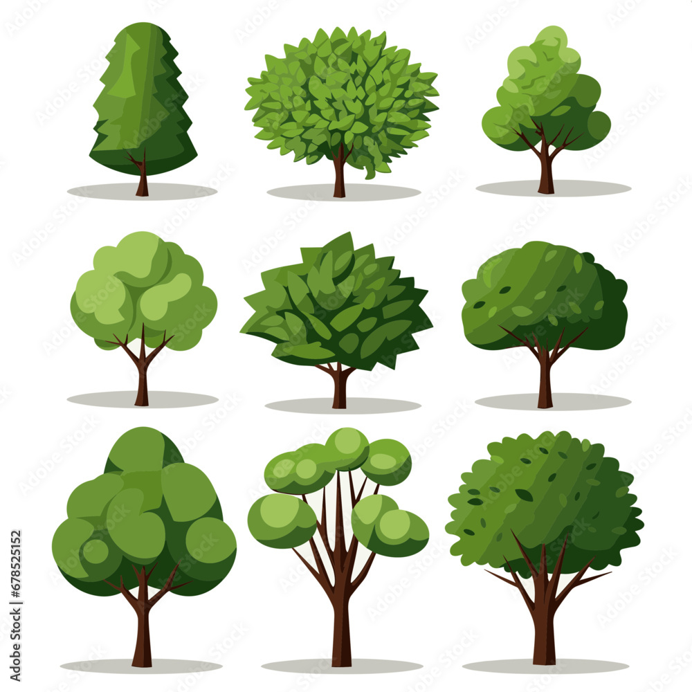 Fototapeta premium vector set of nine flat trees in green tones