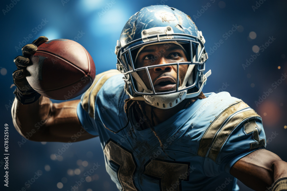 Close-up of professional American football player running with the ball across the stadium field. Determined, powerful, skilled African American athlete ready to win the game. Blurred background.