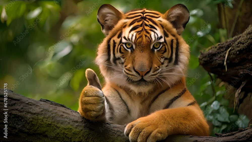 Portrait of friendly tiger making thumbs up gesture. AI generated.