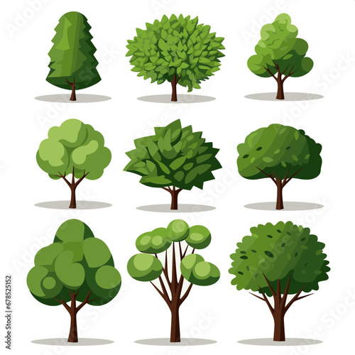 vector set of nine flat trees in green tones