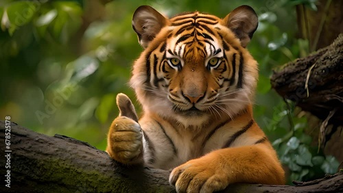 Portrait of friendly tiger making thumbs up gesture. AI generated. photo