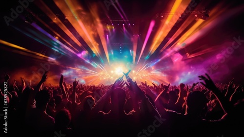 silhouette of concert crowd in front of bright stage lights. Dark background, smoke, concert spotlights