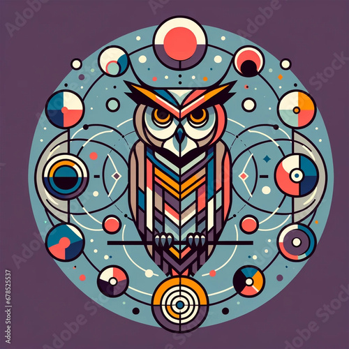 Graphic minimilistic circle illustration of a wise owl in a contemplative stance amidst mystical orbs photo