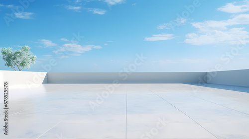 Sunny sky with white marble concrete floor  product commercial photography background  PPT background  3D rendering  car display scene