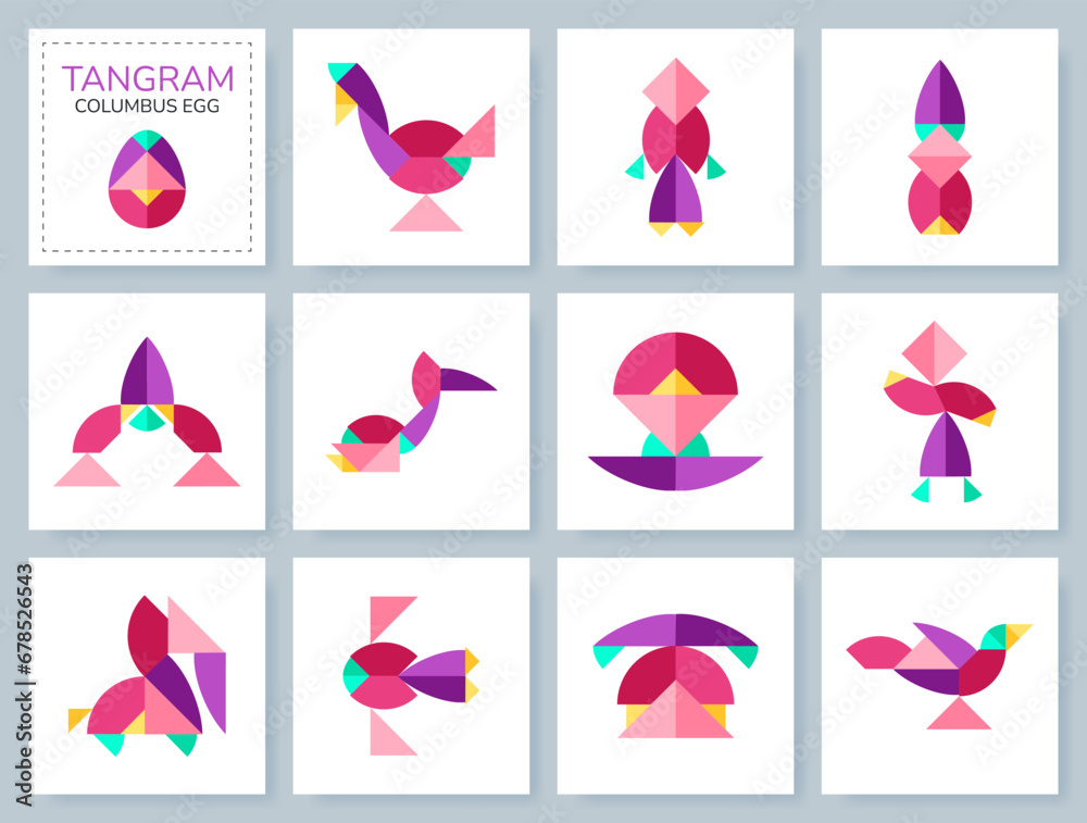 Tangram puzzle game for kids. Colorful geometric collection with isolated objects. Columbus Egg. Various icons on white backdrop. Vector illustration