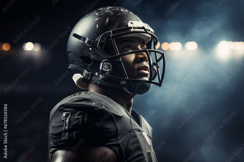 Side close-up of professional American football player in black jersey. Determined, powerful, skilled African American athlete wearing helmet with protective mask. Isolated in black background.