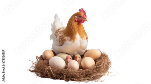 A chicken mom with eggs and baby chicken on the transparent background