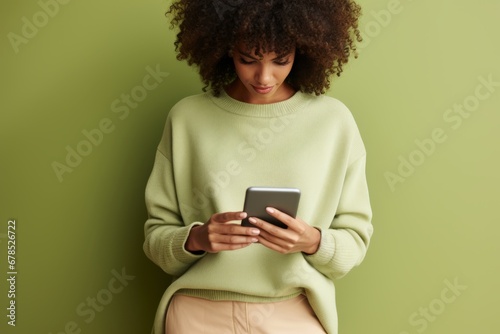 Beautiful young African American woman in green clothes on green studio background. Positive girl with afro haircut typing text message on smartphone, enjoys online communication, uses app, chatting.