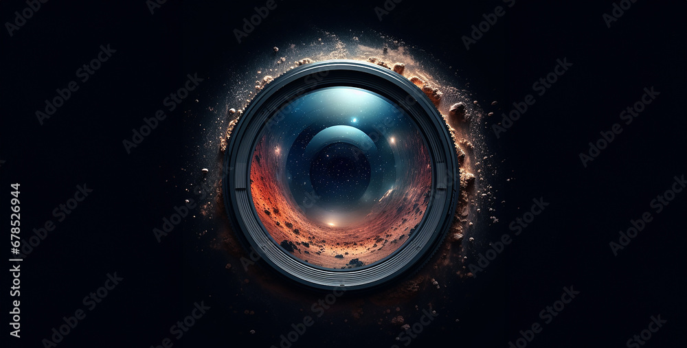 a camera lens capturing space images - obrazy, fototapety, plakaty 