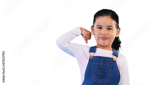 Fotografie Portrait, smile and girl child with strong arm, muscle or power on isolated, transparent or png background