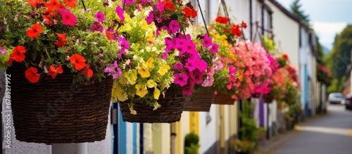 Scotland has vibrant street houses with beautiful hanging flower baskets
