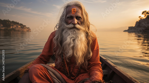 Sadhu Baba Nonno Somendrah rowing a boat on the Ganges River, Varanasi, India photo