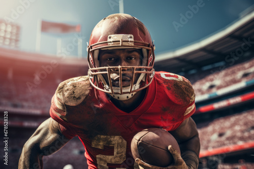 Close-up of professional American football player running with the ball across the stadium field. Determined, powerful, skilled African American athlete ready to win the game. Blurred background. photo