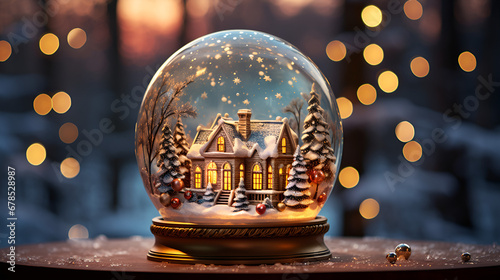 golden christmas ball on the table, A snow globe with a house inside of it with a christmas tree in the background