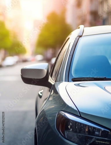 Closeup front glass window of a car parked on street on summer sunny day, side view. Mockup empty copy space for stickers or decals