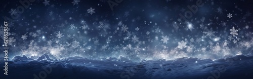 Empty copy space winter banner with northern lights winter scene with close up snowflakes, snow, blizzard. Abstract magic light, rays, snow on dark background. Winter night photo