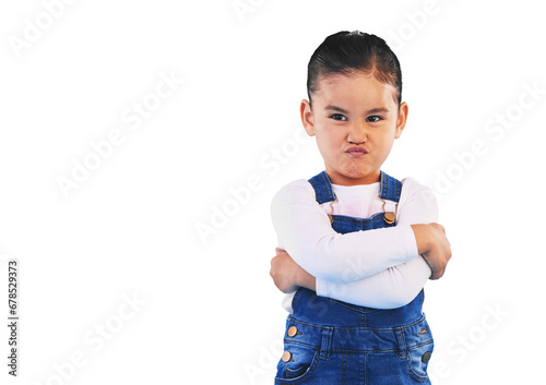 Fotografie Tantrum, attitude and face of girl child isolated on png transparent background with upset, mad and frustrated expression