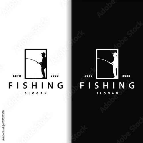 Angler Fishing Logo, Simple Outdoor Fishing Man Silhouette Template Design