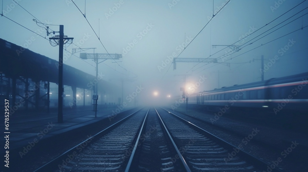 Railway in fog at station with tracks transport railway junction and track transfer arrows, outdoor landscape and foggy background blurred view with copy space for text 