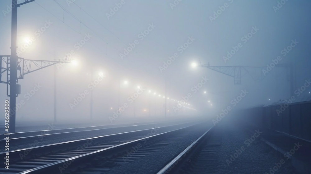 Railway in fog at station with tracks transport railway junction and track transfer arrows, outdoor landscape and foggy background blurred view with copy space for text 