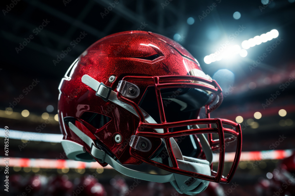 Close-up shot of American football helmet lying on green field of football stadium. Protective helmet with wire mask is an important element of a football player's equipment. Blurred background. Close-up shot of American football helmet lying on green field of football stadium. Protective helmet with wire mask is an important element of a football player's equipment. Blurred background.