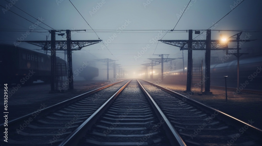 Railway in fog at station with tracks transport railway junction and track transfer arrows, outdoor landscape and foggy background blurred view with copy space for text 